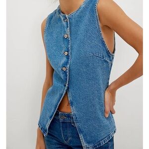 Free People Aimee Blue Denim Button-Front Vest NWOT